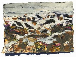 FRANCES-HATCH-CROWS-FORAGING-ALONG-RETREATING-TIDE-LINE-16x22cm
