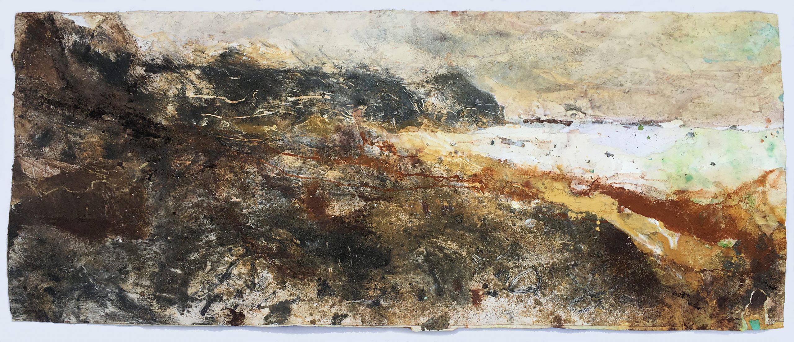 Storm Pilings, Charmouth — a wide painting in cliff earths and acrylic, the shore running the full width.