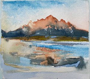 Iceland Hofn toward mainland sunset on cliffs watercolour 19x17cm