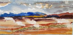 Iceland Mount Namafjall mud pools watercolour 28x13cm